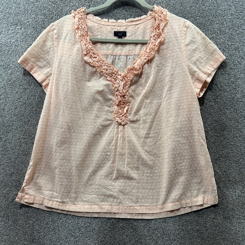 Talbots Blouse Top Women 16P‎ Peach Swiss Dot Ruffle V Neck Cotton Feminine